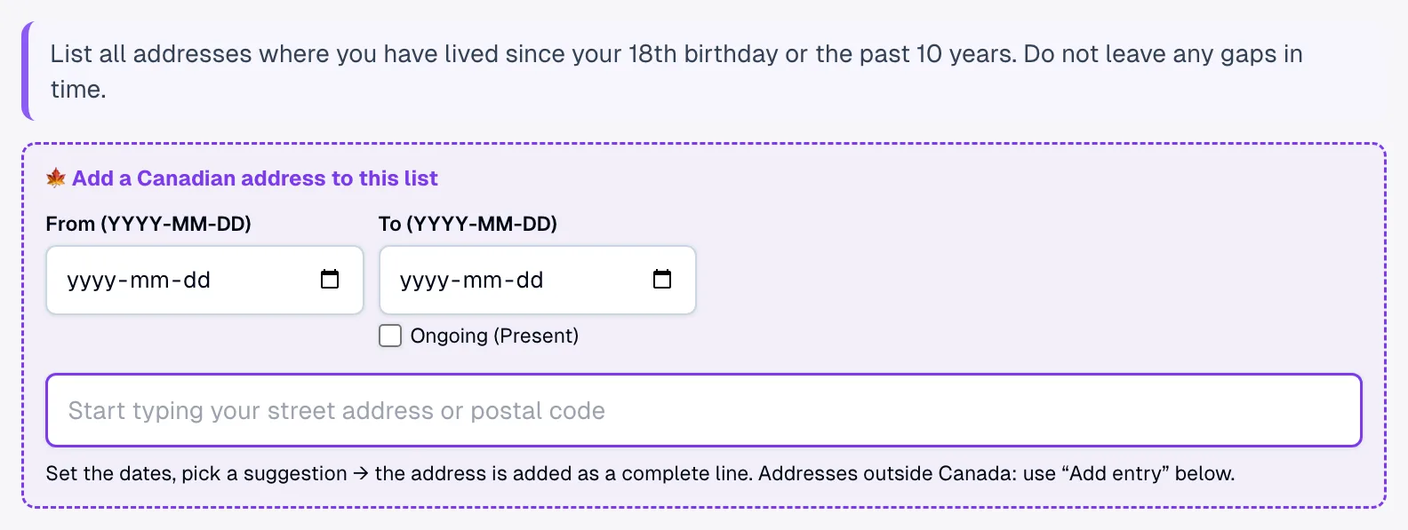 Lexova address-history card above the IMM 5669 addresses table: From and To date boxes, an 'Ongoing (Present)' checkbox and the 'Find your Canadian address' Canada Post search that appends a complete row.