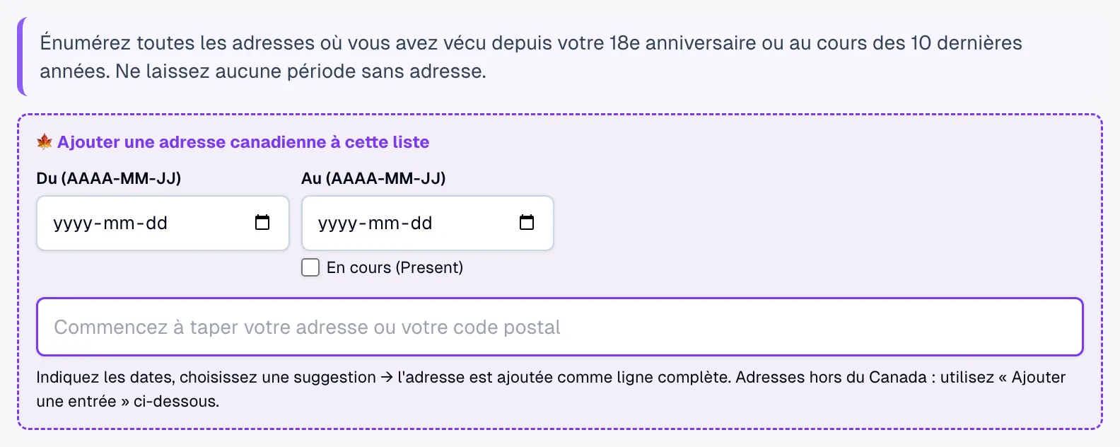 Carte d'historique d'adresses Lexova au-dessus du tableau des adresses IMM 5669 : cases de dates De et À, une case « En cours (Present) » et la recherche Postes Canada « Trouvez votre adresse canadienne » qui ajoute une ligne complète.