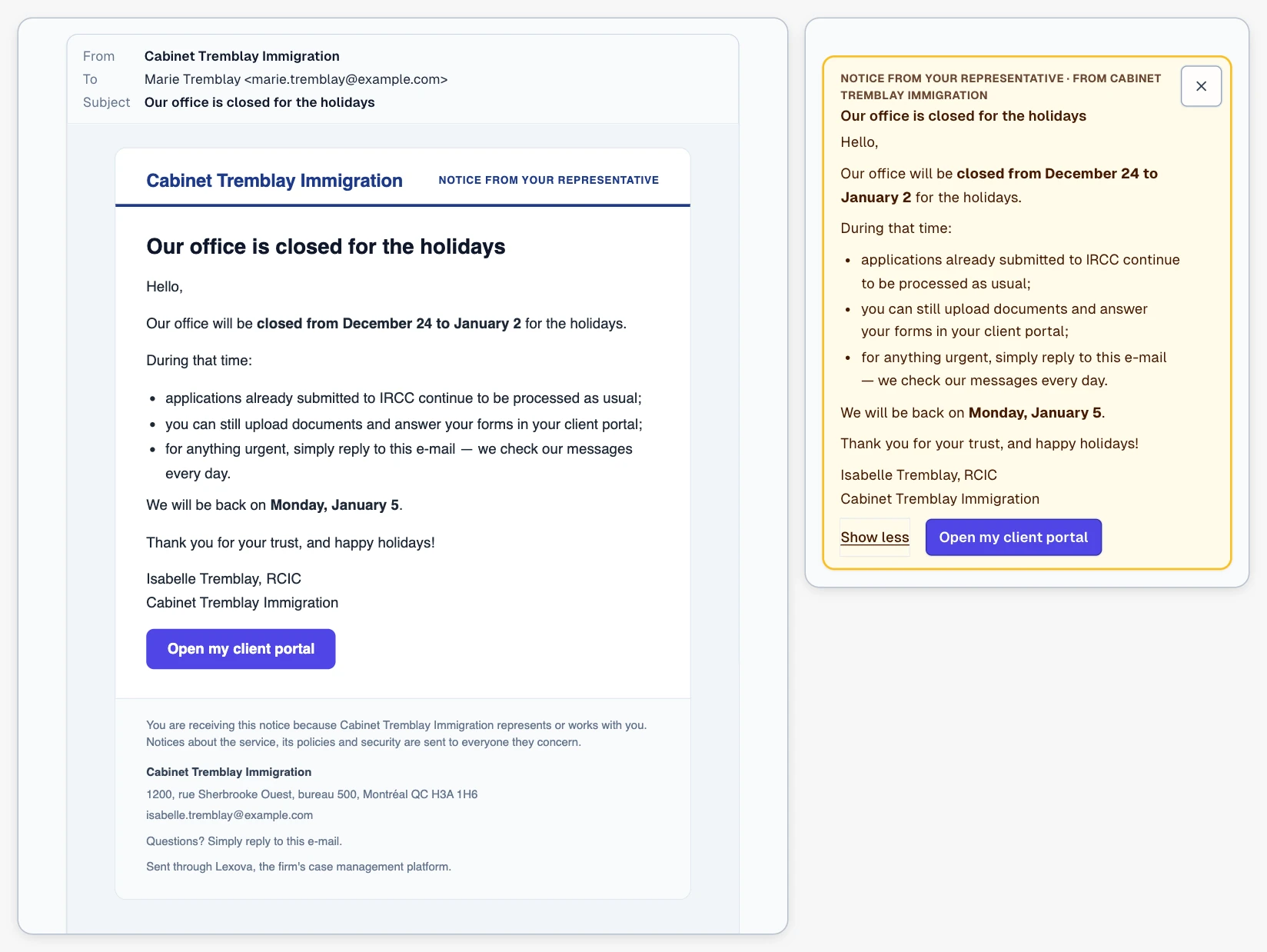 What the client receives: the e-mail from the firm — its name and the category “Notice from your representative”, the message, the button to the client portal, and a footer with the firm's name, mailing address and reply address — and the same announcement as a banner at the top of the client's Lexova pages.