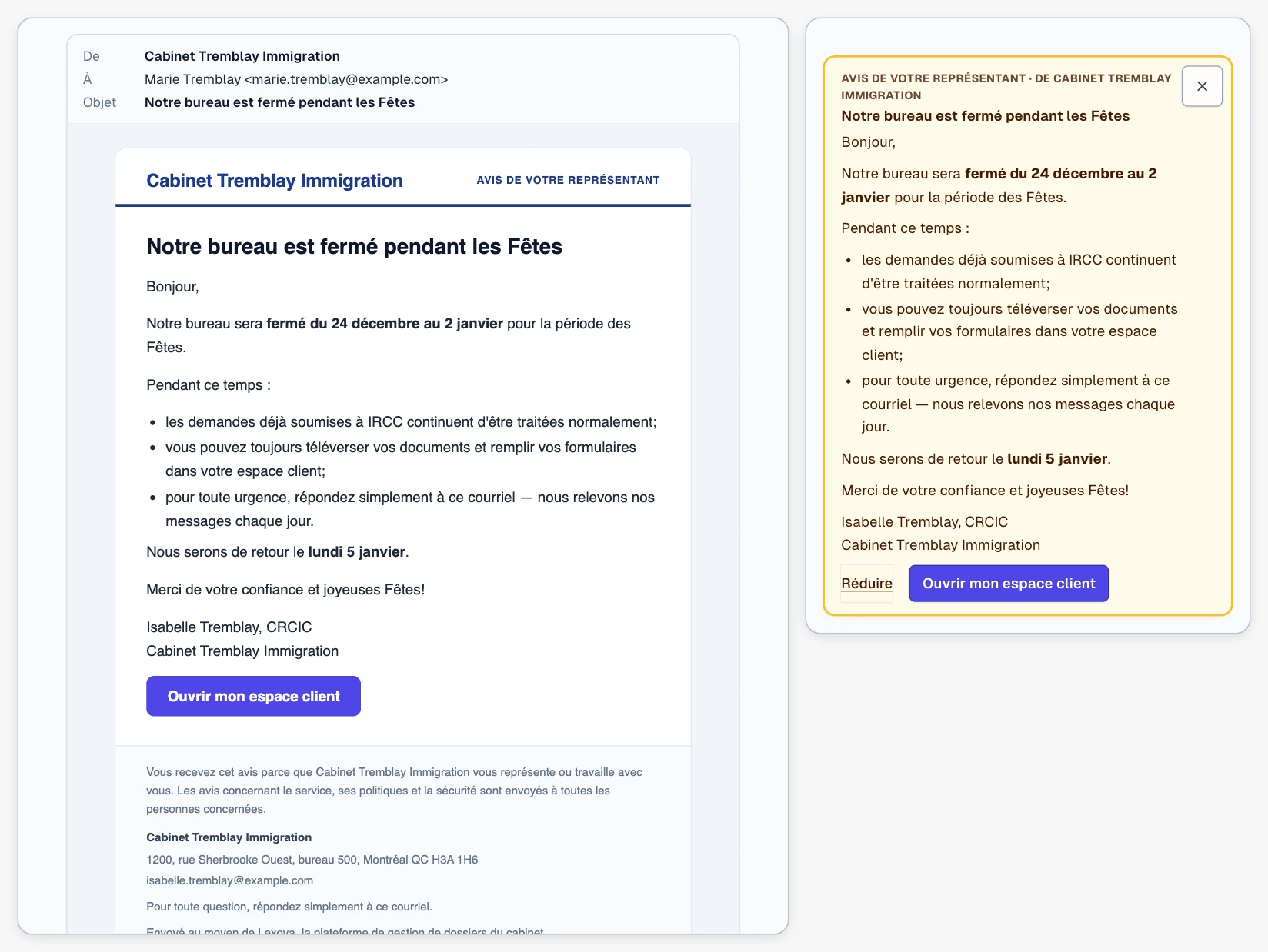 Ce que le client reçoit : le courriel du cabinet — son nom et la catégorie « Avis de votre représentant », le message, le bouton vers l'espace client, et un pied de page avec le nom du cabinet, son adresse postale et l'adresse de réponse — et la même annonce en bannière en haut des pages Lexova du client.