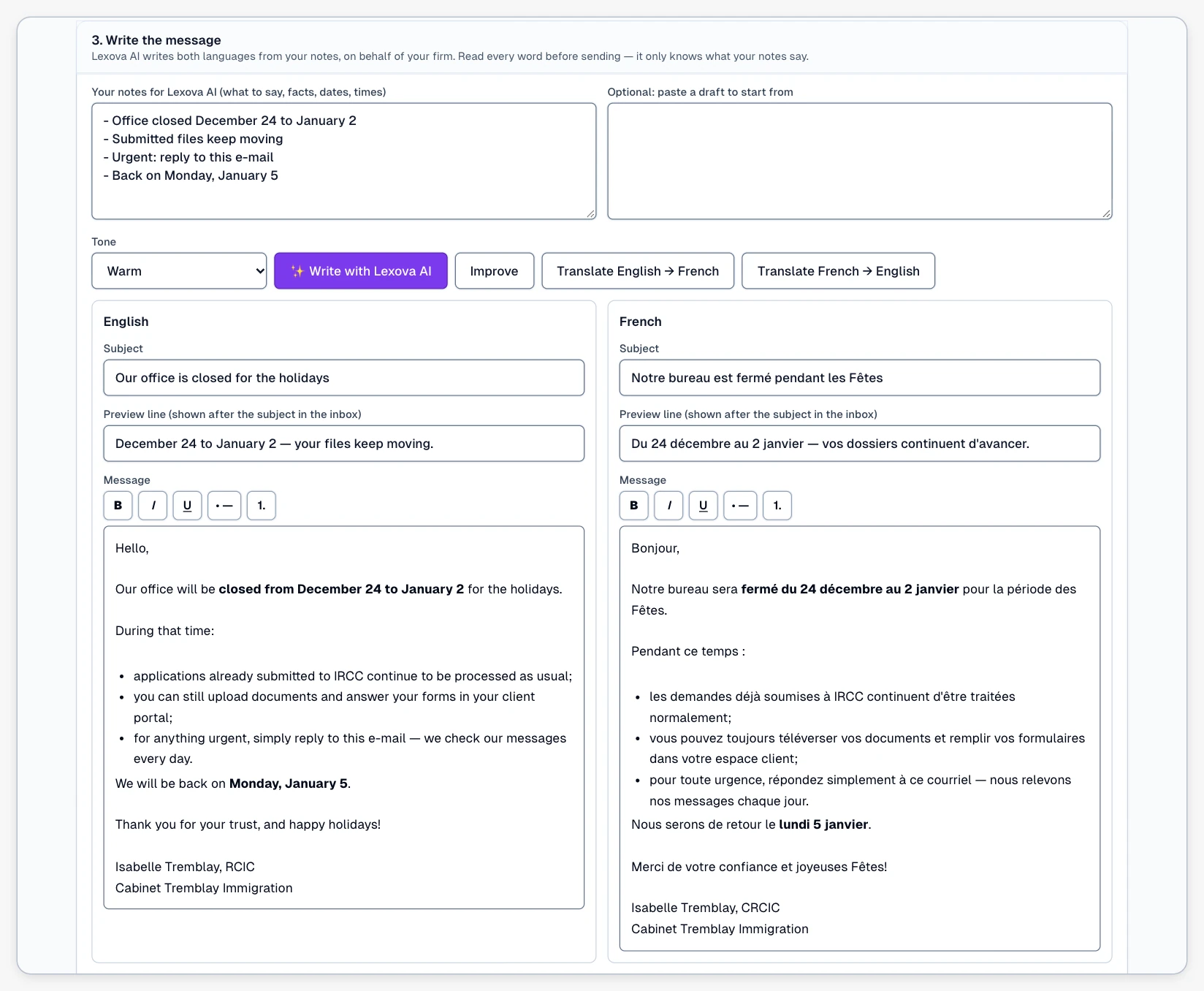 A firm's new announcement in Lexova: step 3, “Write the message” — the administrator's notes, the button “Write with Lexova AI”, then the same message in English and in French, each with its subject, preview line and formatted text, signed by the firm.