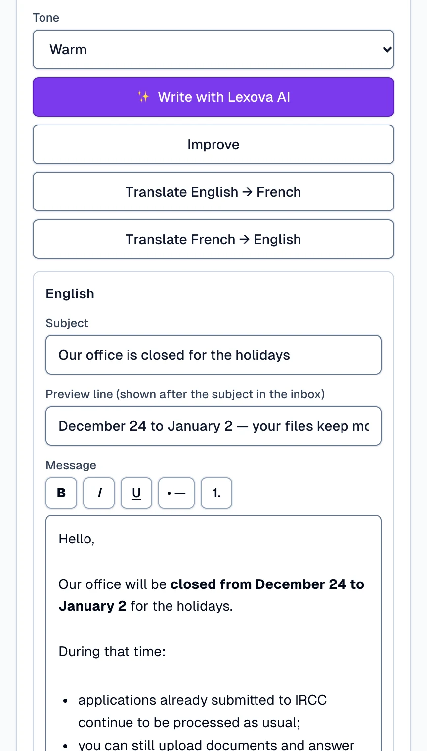 A firm's announcement in Lexova: the same message written in English and in French by Lexova AI.
