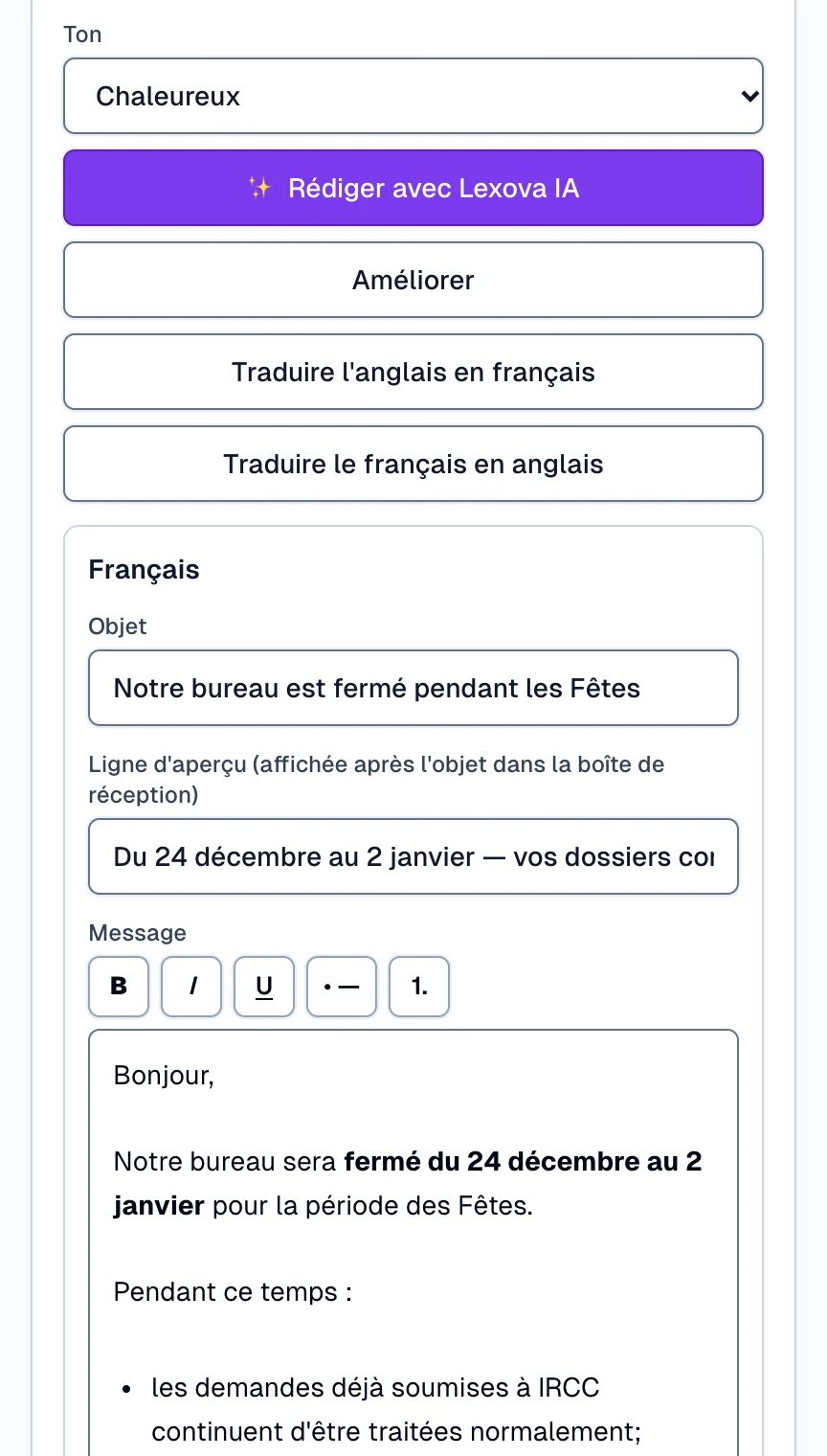 Une annonce de cabinet dans Lexova : le même message rédigé en anglais et en français par Lexova IA.