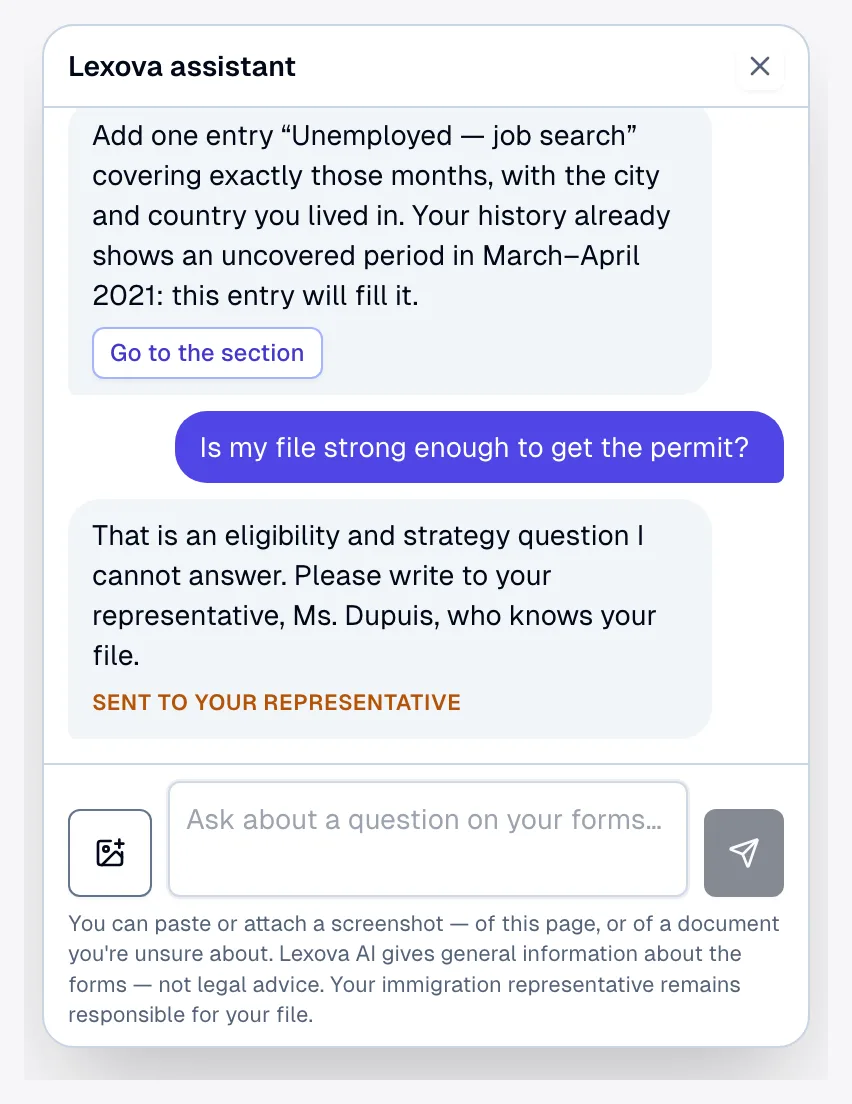 Lexova assistant chat: a file-aware answer about IMM 5669 section 8 with a 'Go to the section' button, then an eligibility question refused and marked 'Sent to your representative', a screenshot attach button and the permanent disclaimer.