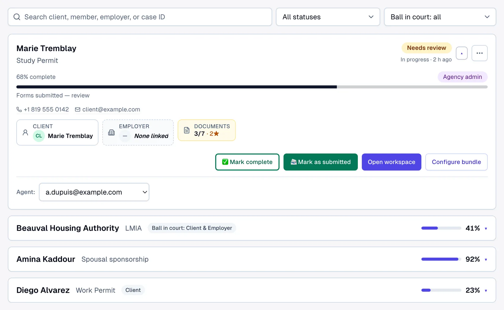 Lexova agency dashboard pipeline: search, status and ball-in-court filters, one expanded case tile with a Needs review badge, a 68% bar, contact phone and email, client / employer / documents strip and action buttons, plus three collapsed one-line tiles.