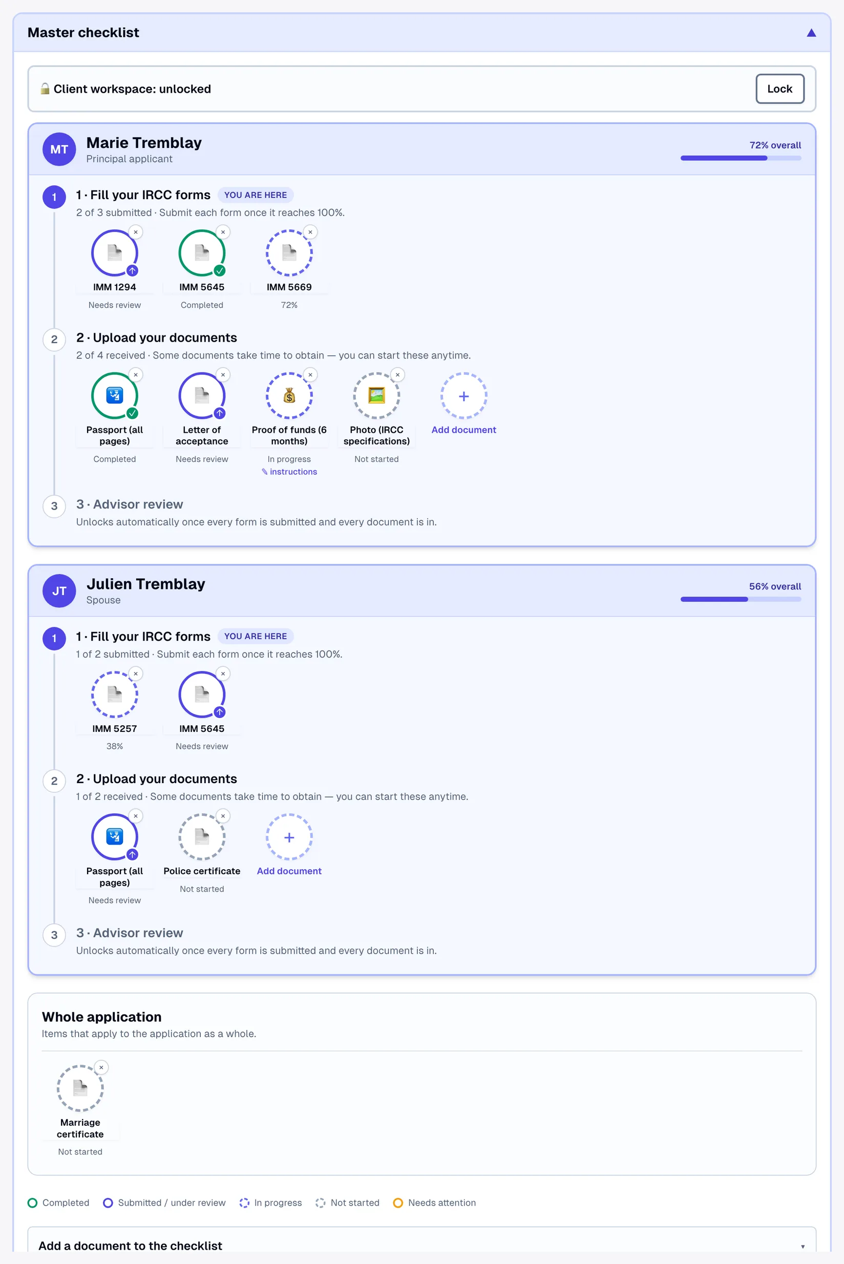 Lexova master checklist: one banded section per applicant (Marie Tremblay, principal, 72%; Julien Tremblay, spouse, 56%), a three-step path — fill your IRCC forms, upload your documents, advisor review — with status-ring circles per form and document.
