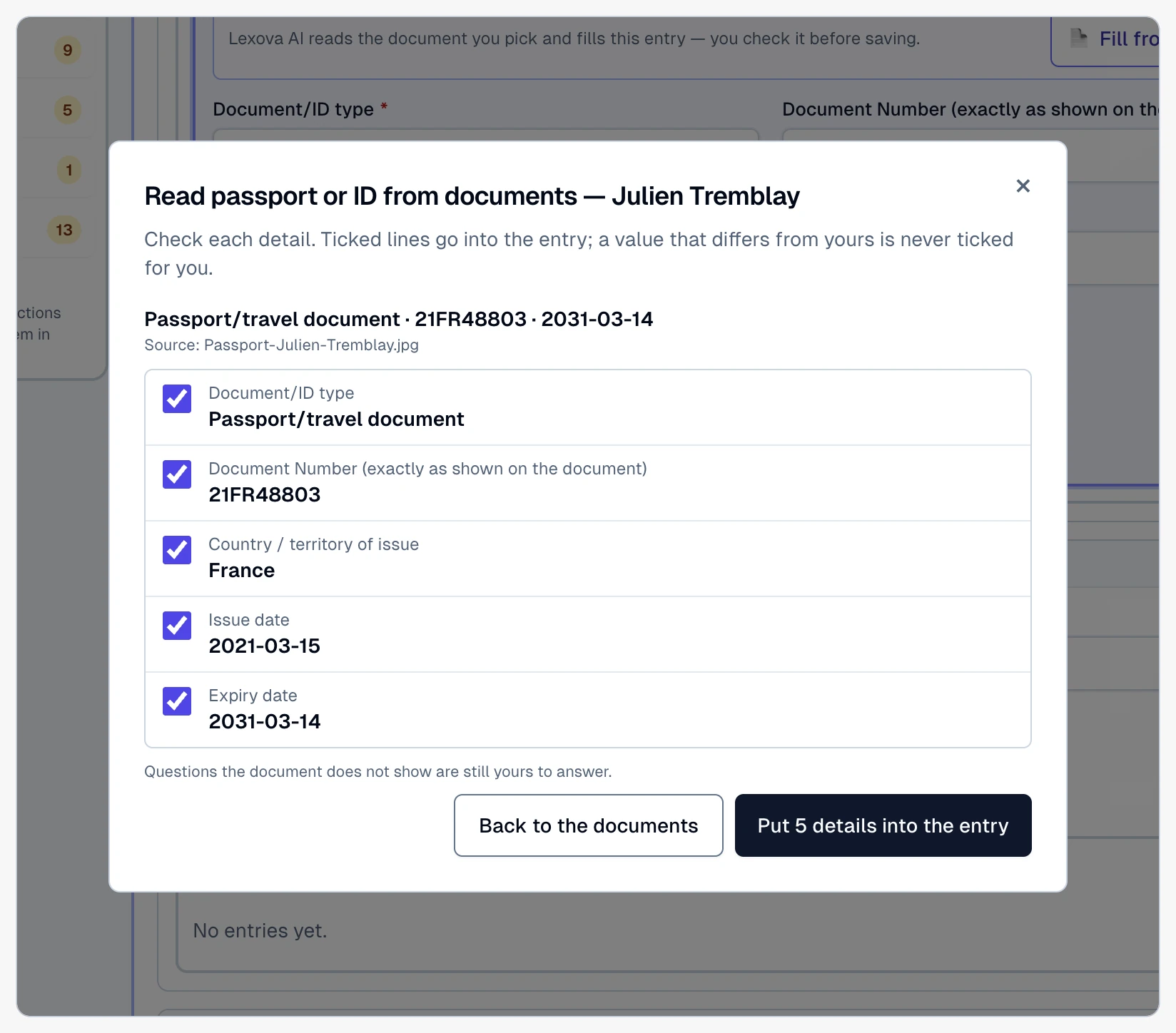 A new identity-document entry for Julien Tremblay, filled from a photo of his passport: one line per value — document type, number, country of issue, issue date, expiry date — each with a box to tick, and “Put 5 details into the entry”.