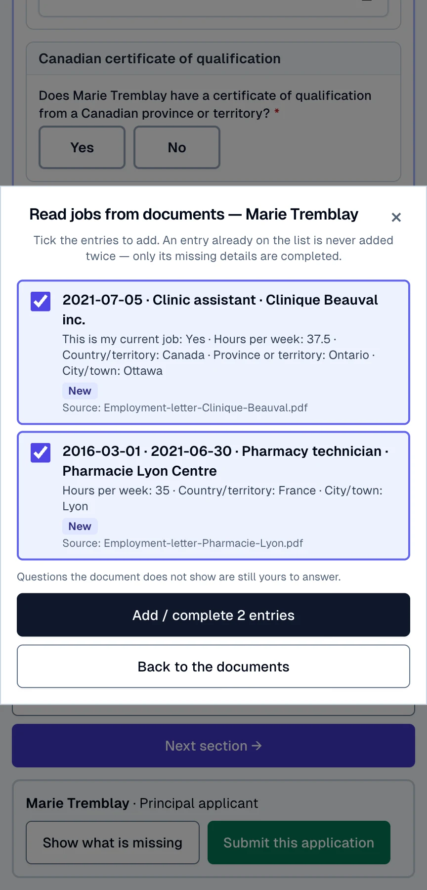 Two jobs read from two employment letters, each detail shown with its source file before it is added.