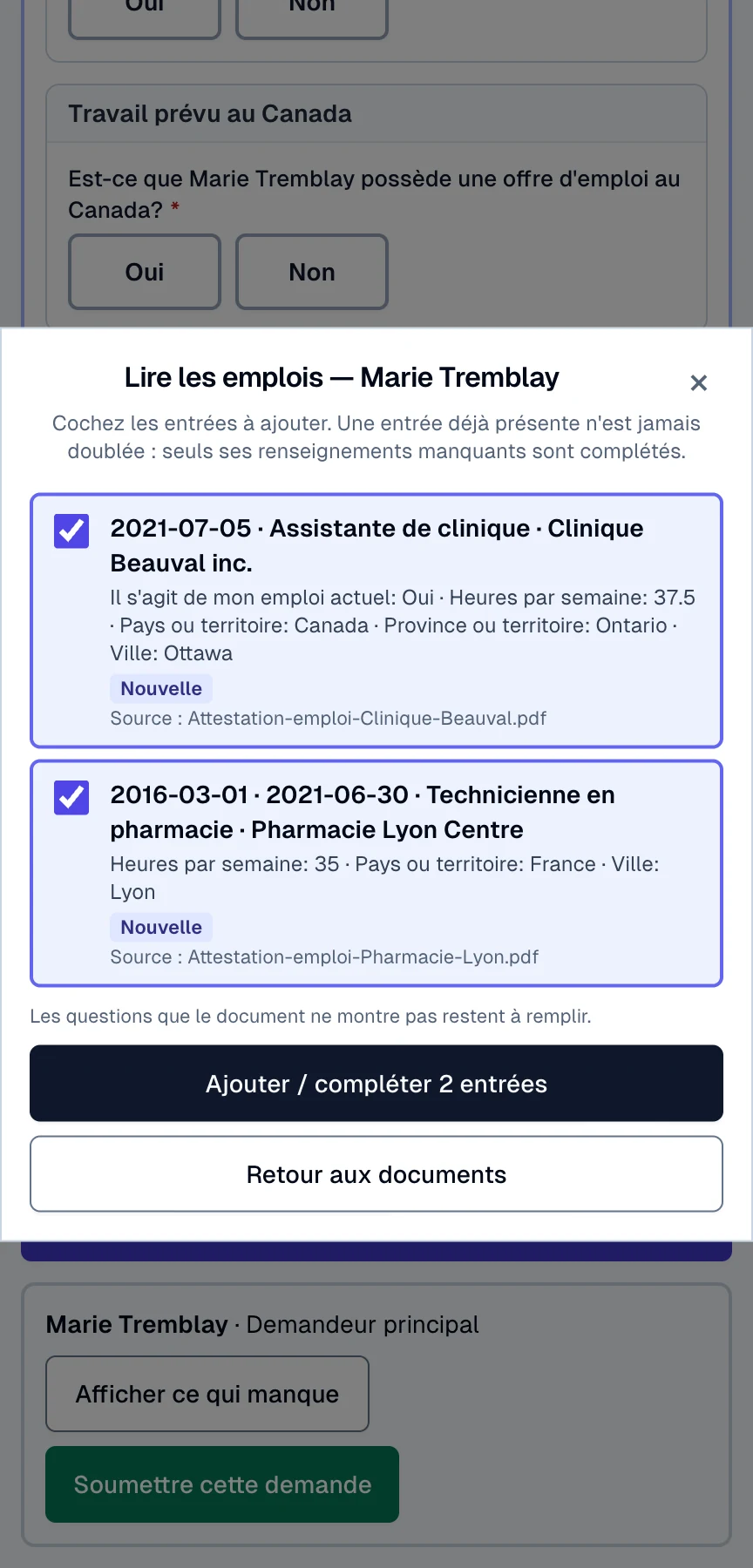 Deux emplois lus dans deux lettres d'emploi, chaque renseignement affiché avec son fichier source avant d'être ajouté.