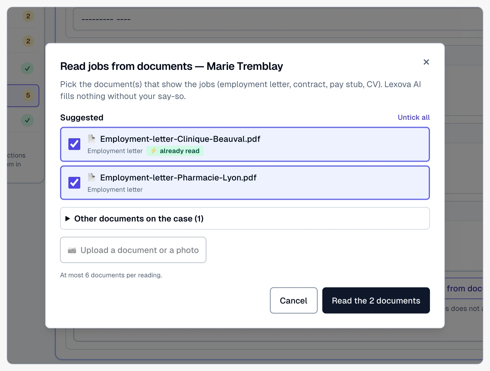 The window as it opens from Work history: the two employment letters already ticked under “Suggested”, one marked “already read”, the case's other documents one click away, and “Upload a document or a photo”.