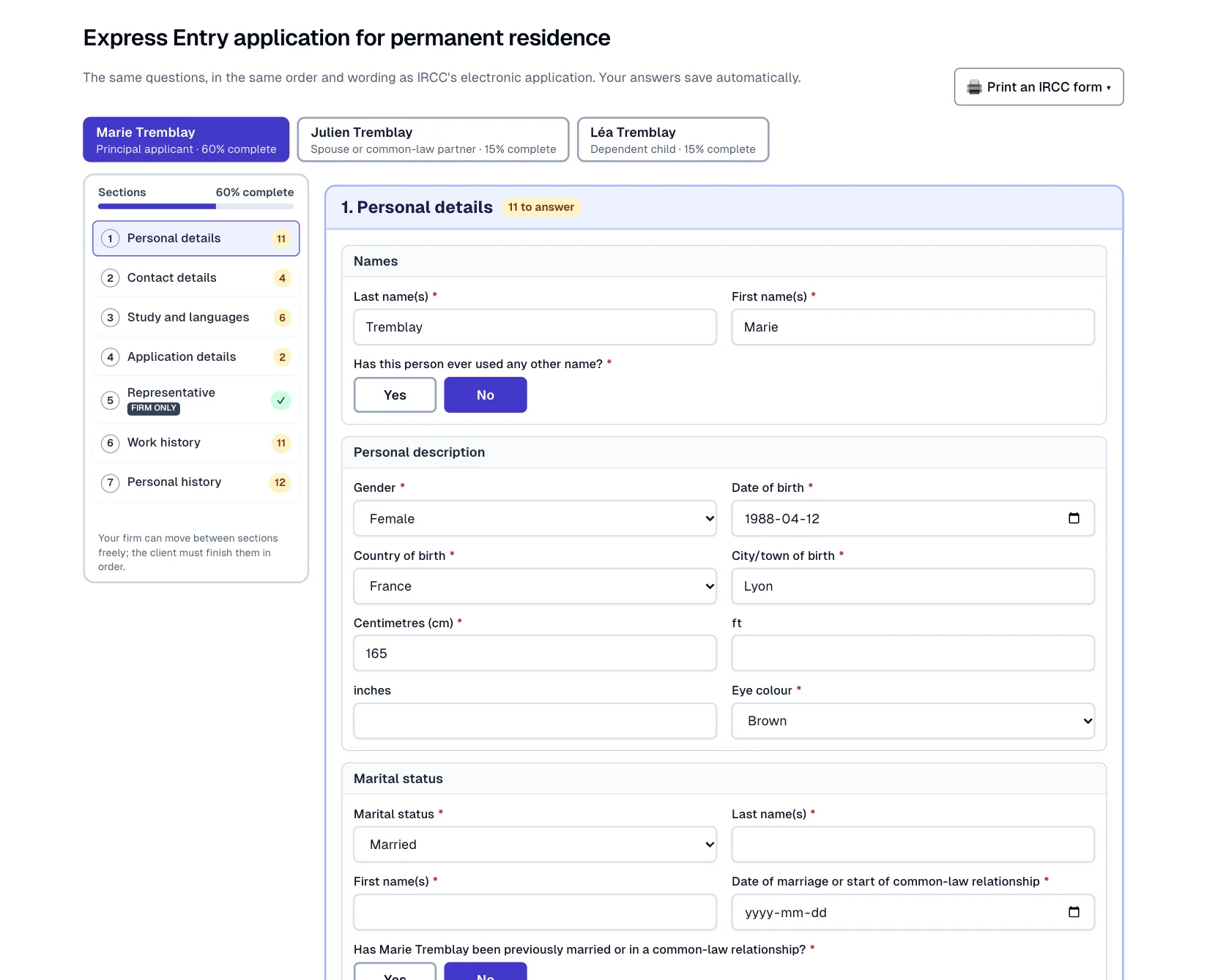 The Express Entry application in Lexova: one tab per family member (Marie, Julien and Léa Tremblay, each with a completion percentage), the sections in IRCC's order — Personal details, Contact details, Study and languages, Application details, Representative, Work history, Personal history — each with its count of questions to answer, and the Personal details section with IRCC's own questions and lists.