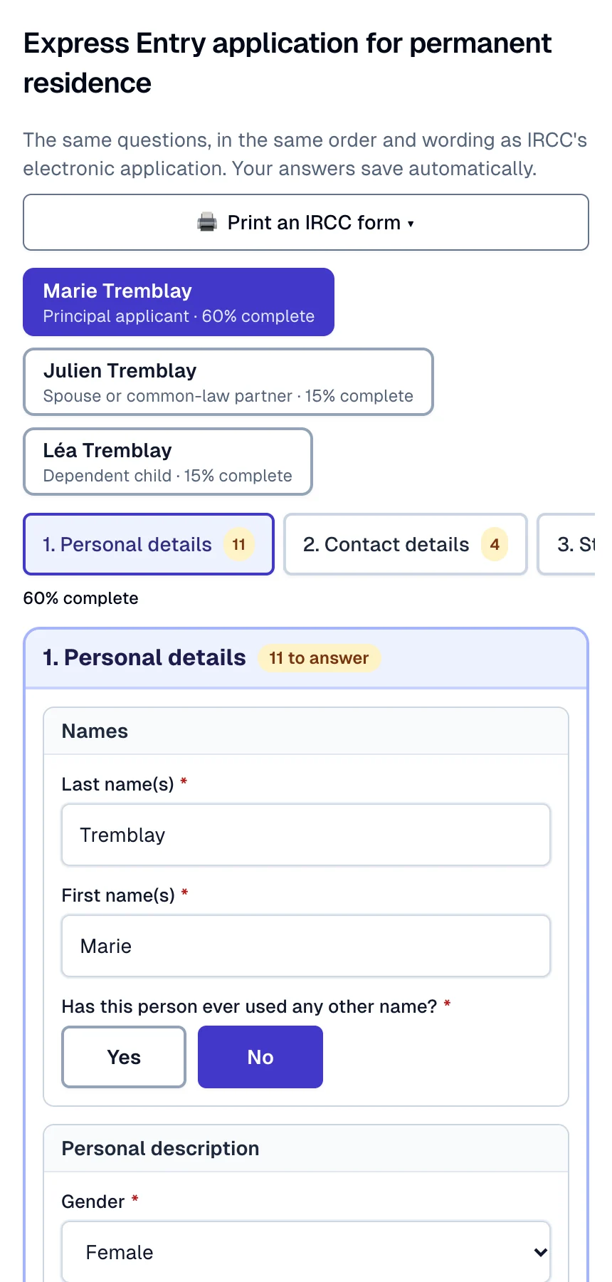 The Express Entry application in Lexova: one tab per family member and IRCC's sections in order.