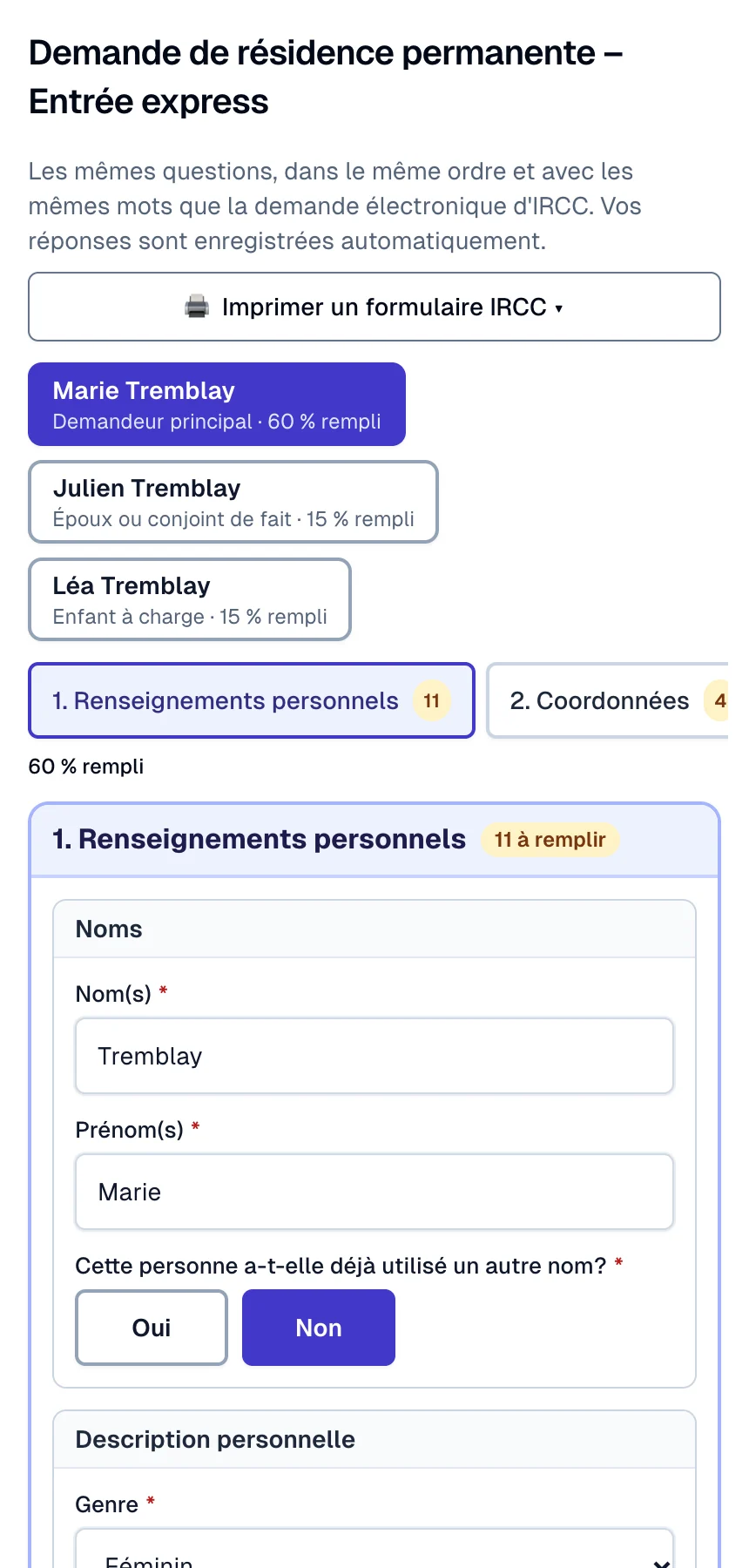La demande d'Entrée express dans Lexova : un onglet par membre de la famille et les sections d'IRCC dans l'ordre.