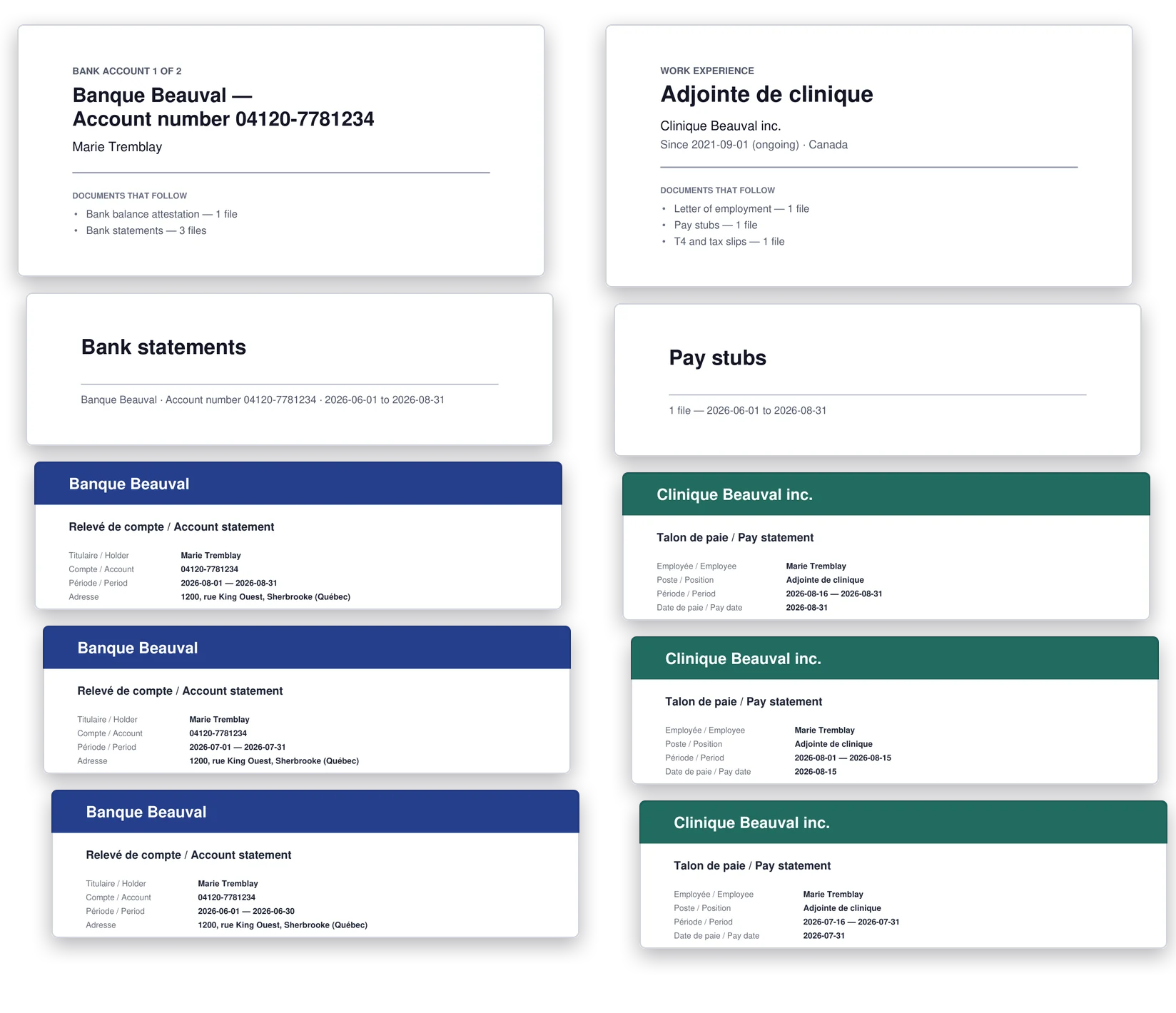 Pages of one exhibit PDF built by Lexova AI: a cover for bank account 1 of 2 (Banque Beauval), the divider “Bank statements”, then the August, July and June statements; beside them, the cover of a job at Clinique Beauval inc., the divider “Pay stubs”, then the stubs, newest first.