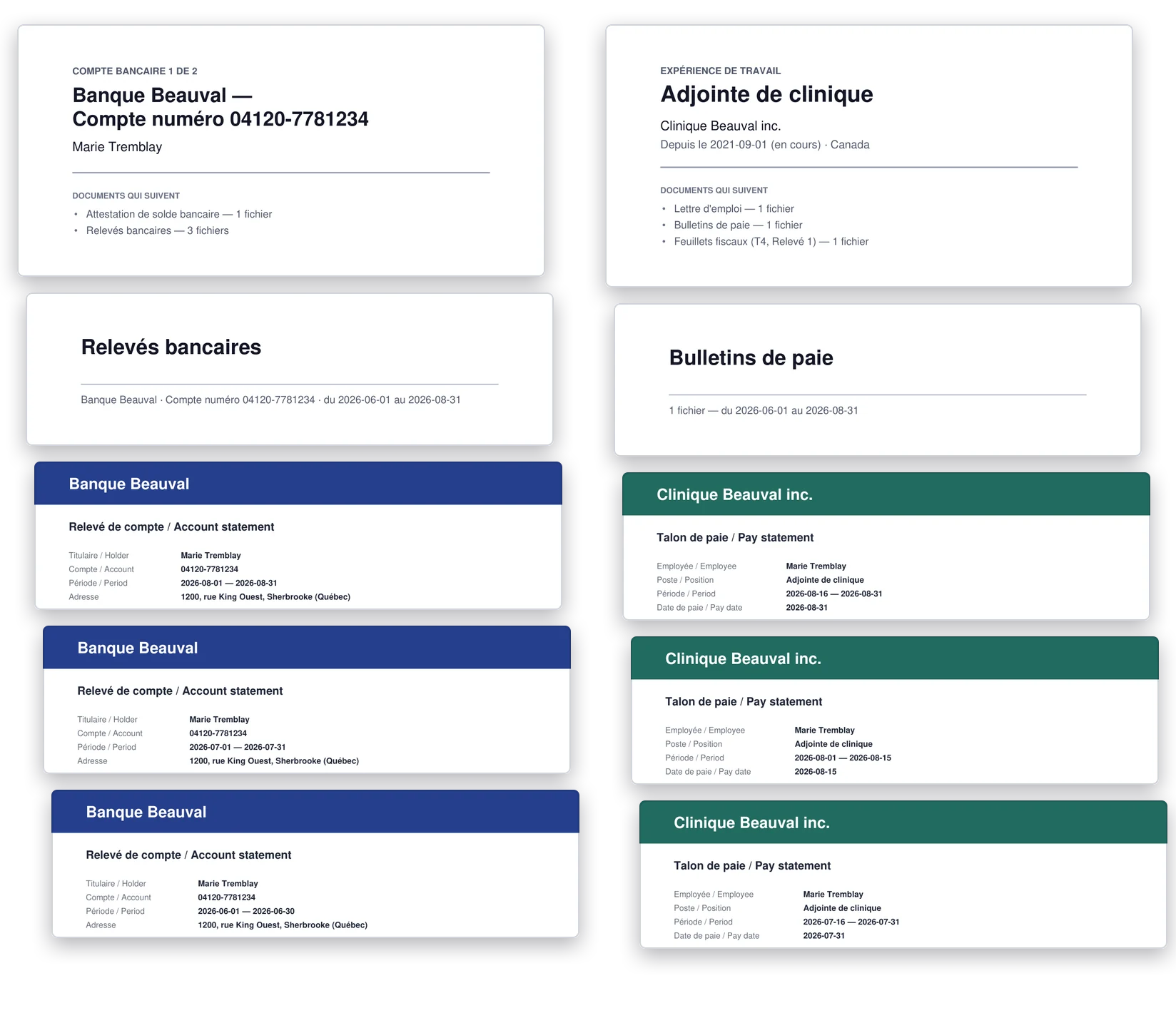 Des pages d'une liasse PDF produite par Lexova IA : la page du compte bancaire 1 de 2 (Banque Beauval), l'intercalaire « Relevés bancaires », puis les relevés d'août, de juillet et de juin ; à côté, la page d'un emploi chez Clinique Beauval inc., l'intercalaire « Bulletins de paie », puis les talons, du plus récent au plus ancien.