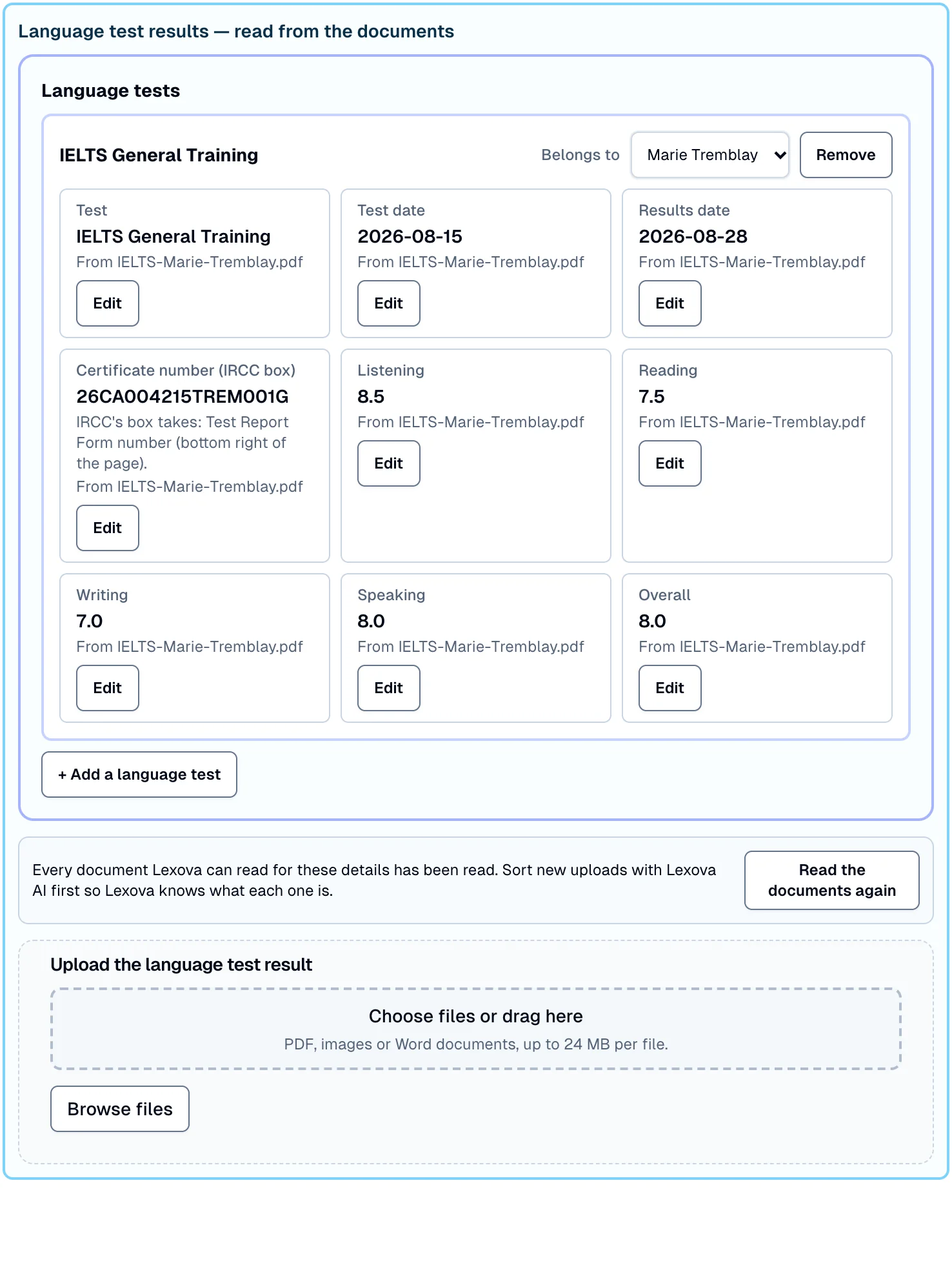 The Official languages step of the Express Entry application: “Language test results — read from the documents”. An IELTS General Training result for Marie Tremblay — test and result dates, the certificate number with the note on what IRCC's box takes for this test, listening 8.5, reading 7.5, writing 7.0, speaking 8.0 — each value with the file it came from and an Edit button — then the upload box for the test result.