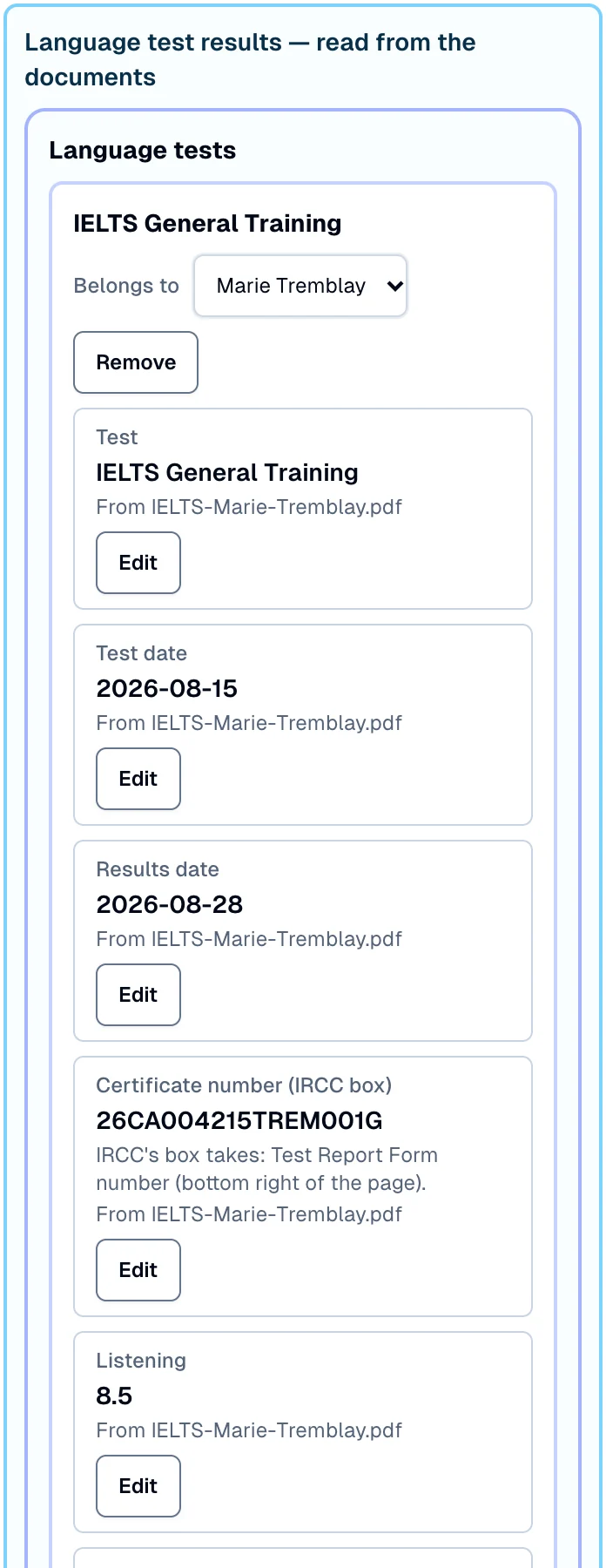 Language-test results read from the client's test report, each value with its source file.