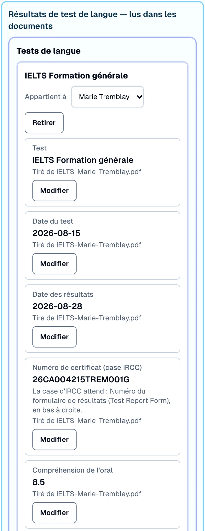 Des résultats de test de langue lus dans le rapport de test du client, chaque valeur avec son fichier source.
