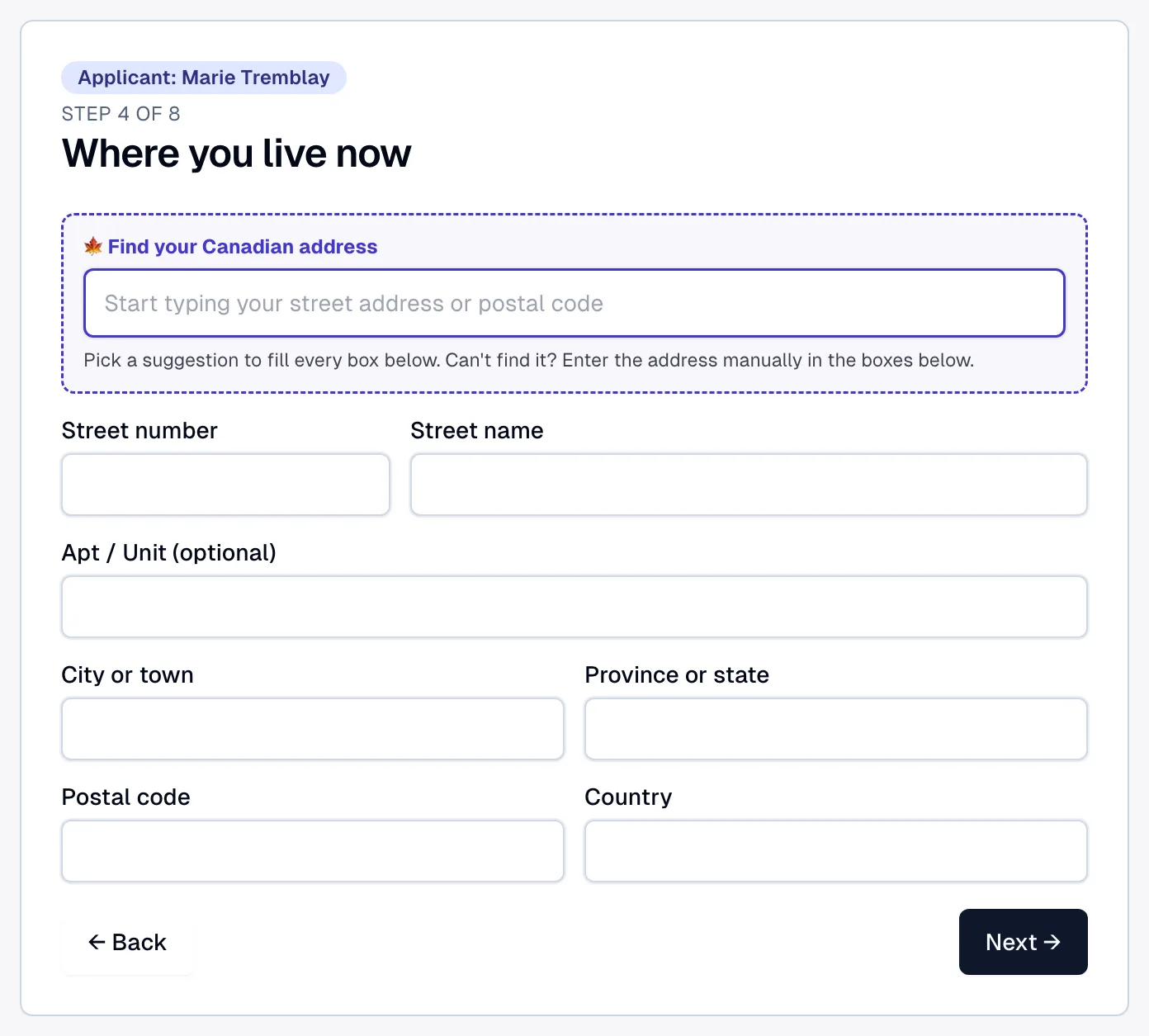 Lexova About You intake, step 4 of 8 'Where you live now', with an 'Applicant: Marie Tremblay' chip and the 'Find your Canadian address' Canada Post search row above the address boxes.