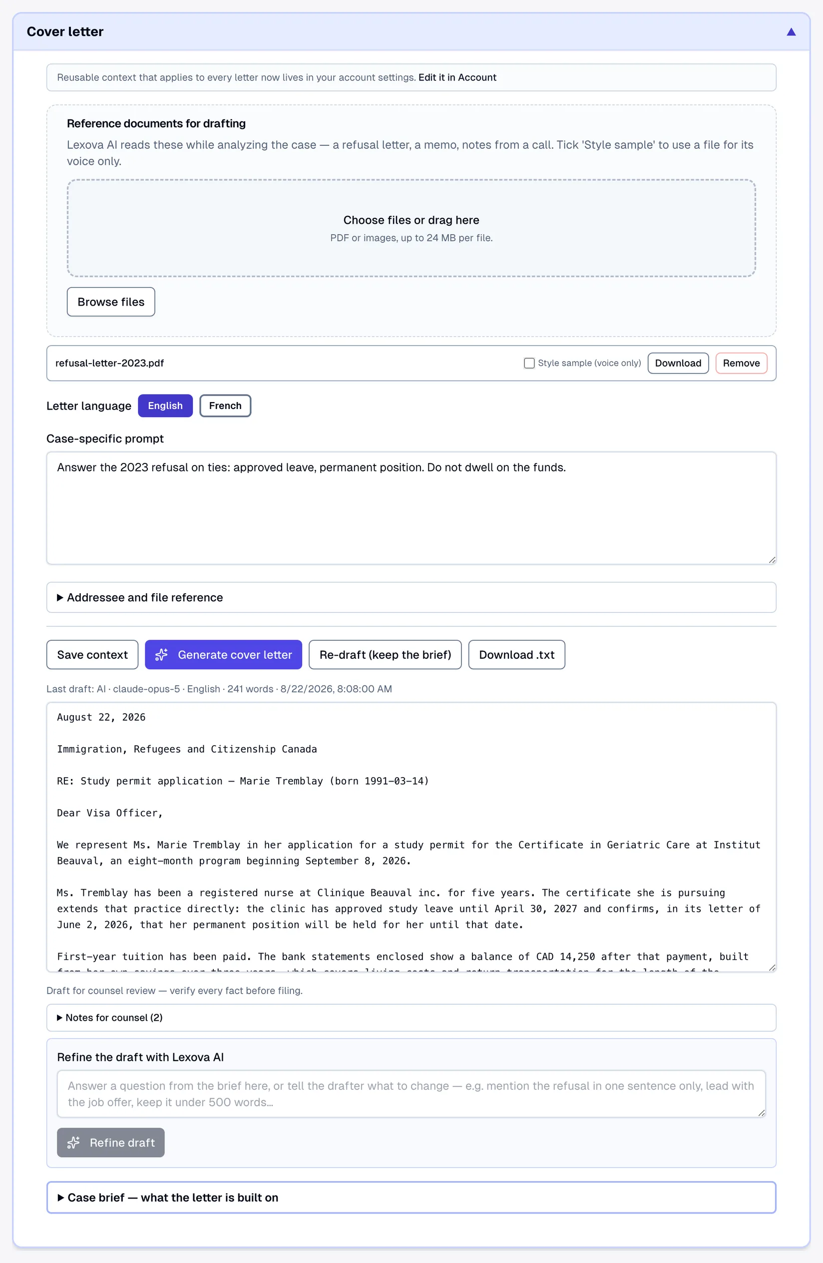 Lexova cover-letter panel: reference documents for drafting, letter language chips, the counsel's case-specific prompt, the generated letter for a study permit, notes for counsel, the refine box, and the case brief the letter is built on.