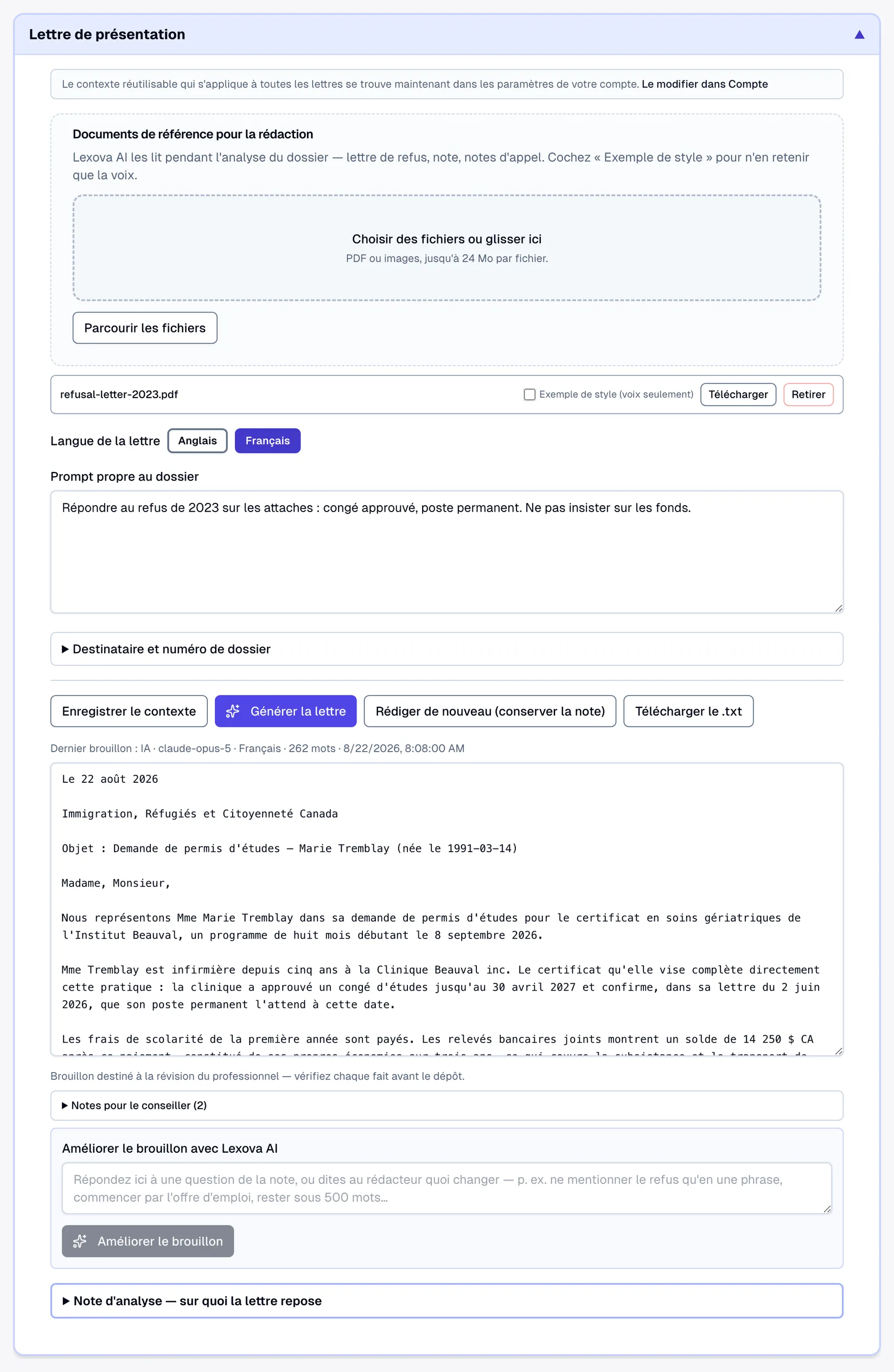 Panneau de lettre de présentation Lexova : documents de référence, choix de la langue, consigne du conseiller propre au dossier, la lettre générée pour un permis d'études, les notes pour le conseiller, la zone de peaufinage et le résumé de dossier sur lequel la lettre repose.
