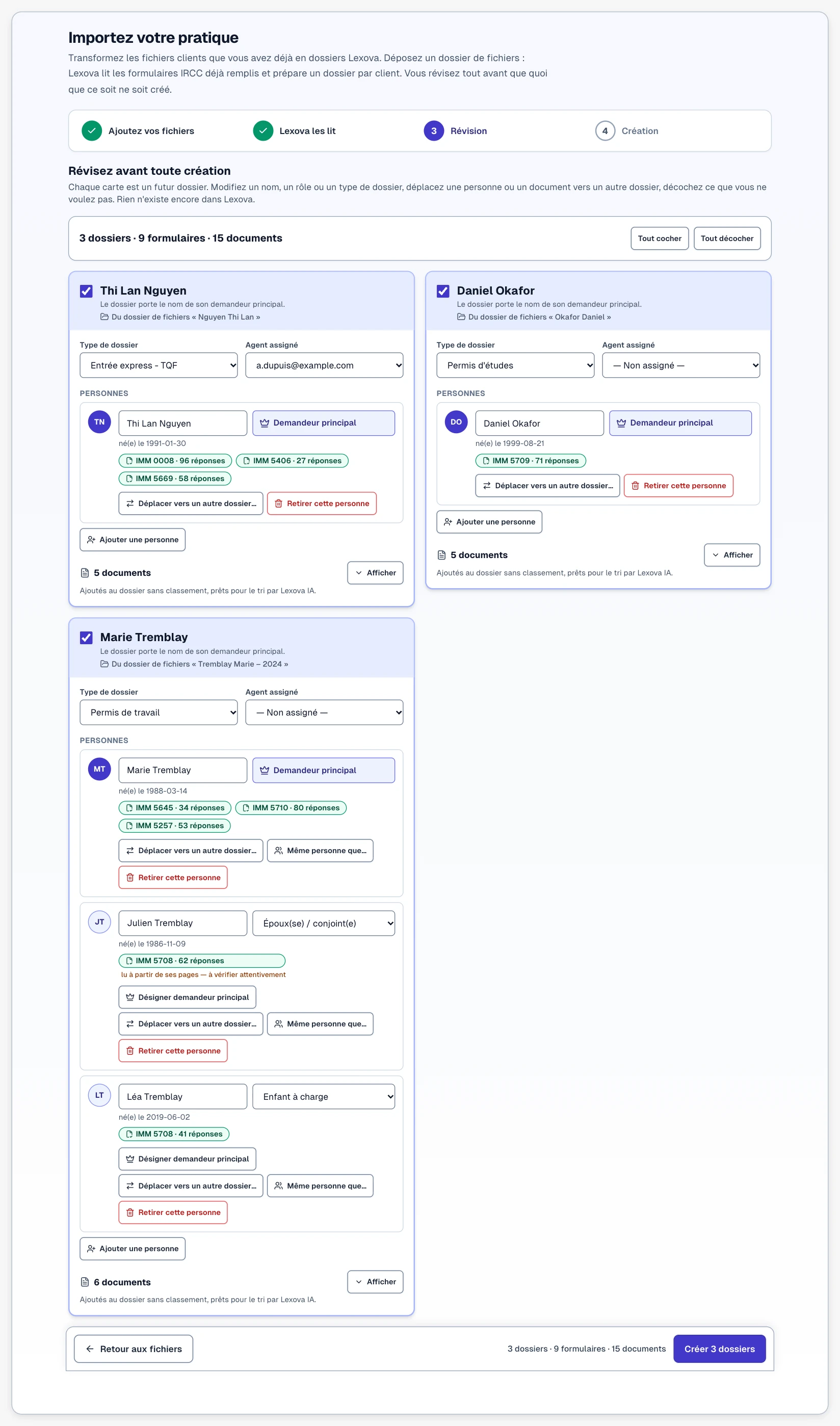 Tableau de révision « Importez votre pratique » de Lexova, étape 3 sur 4 (Ajoutez vos fichiers, Lexova les lit, Révision, Création), sous les titres « Révisez avant toute création » et « 3 dossiers · 9 formulaires · 15 documents ». Trois futurs dossiers, chacun avec une coche, un nom modifiable, le dossier de fichiers dont il provient, un type de dossier et un agent assigné : Thi Lan Nguyen (Entrée express, trois formulaires remplis), Daniel Okafor (Permis d'études, un formulaire) et Marie Tremblay (Permis de travail) avec son conjoint Julien et son enfant Léa. Chaque personne porte les formulaires IRCC remplis trouvés pour elle, avec leur nombre de réponses — l'un marqué « lu à partir de ses pages — à vérifier attentivement » — et chaque dossier ses documents, « ajoutés au dossier sans classement, prêts pour le tri par Lexova IA ». Le tableau se termine par le bouton Créer 3 dossiers.