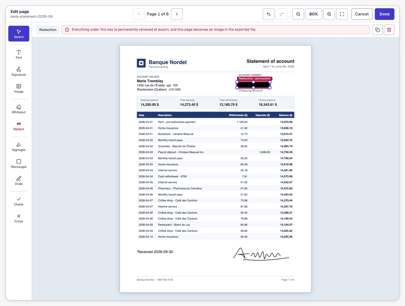 Lexova PDF Studio page editor on page 1 of a bank statement: a tool rail (Select, Text, Signature, Image, Whiteout, Redact, Highlight, Rectangle, Draw, Check, Cross), a black box over the account number tagged 'Redaction · permanent', the notice 'Everything under this box is permanently removed at export, and this page becomes an image in the exported file', the firm's typed note 'Received 2026-09-30' and the representative's drawn signature.