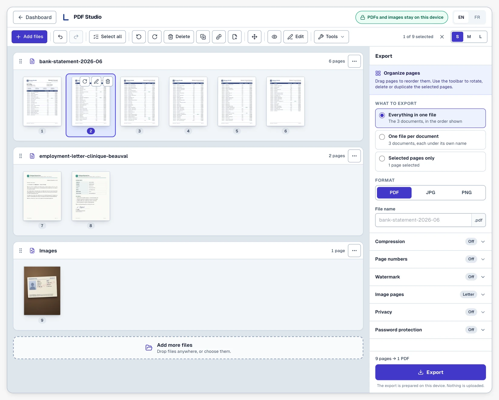 Lexova PDF Studio workbench: three documents shown as page thumbnails — a six-page bank statement with page 2 selected, a two-page employment letter and a phone photo — a toolbar (add files, undo, select all, rotate, delete, duplicate, extract, move, preview, edit, tools), the 'PDFs and images stay on this device' chip, and the export panel with 'Everything in one file', format, file name, compression, page numbers, watermark, image pages, privacy and password protection options.
