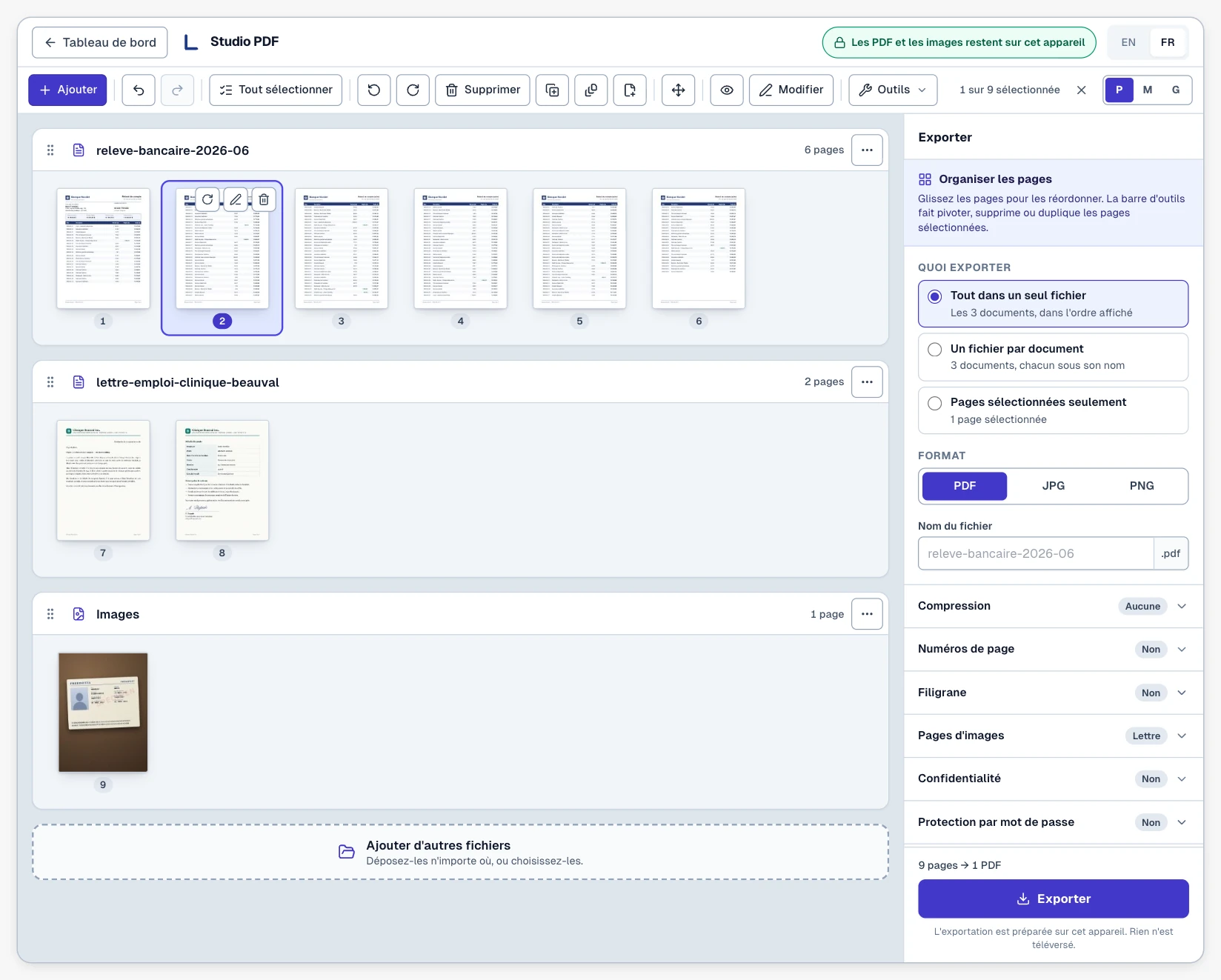 Atelier du Studio PDF de Lexova : trois documents affichés en vignettes de pages — un relevé bancaire de six pages dont la page 2 est sélectionnée, une lettre d'emploi de deux pages et une photo prise au téléphone — une barre d'outils (ajouter, annuler, tout sélectionner, pivoter, supprimer, dupliquer, extraire, déplacer, aperçu, modifier, outils), la puce « Les PDF et les images restent sur cet appareil » et le panneau d'exportation avec « Tout dans un seul fichier », le format, le nom du fichier, la compression, les numéros de page, le filigrane, les pages d'images, la confidentialité et la protection par mot de passe.