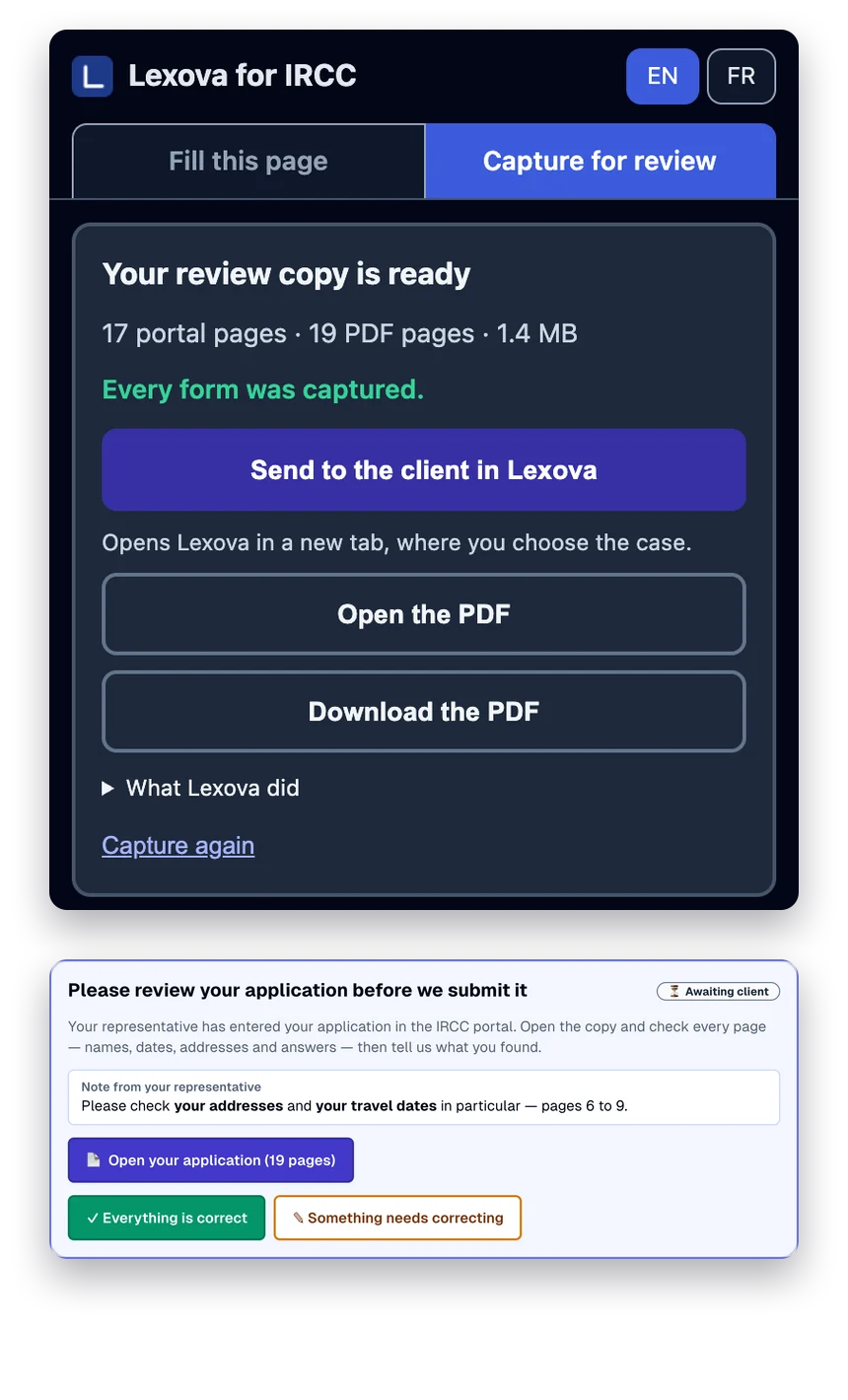 The side panel “Your review copy is ready”, and the client's review card in Lexova.