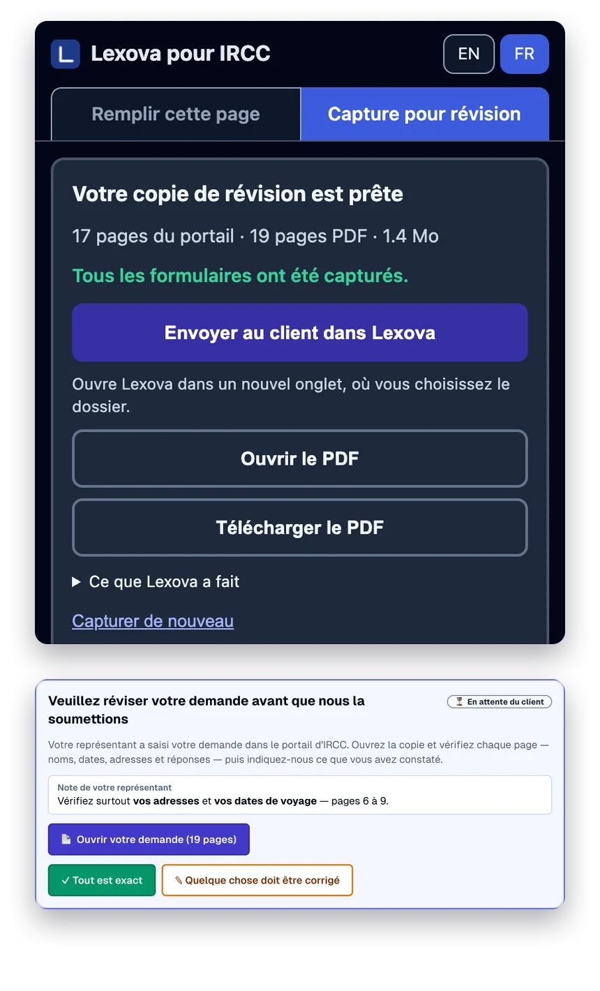 Le panneau latéral « Votre copie de révision est prête » et la carte de révision du client dans Lexova.