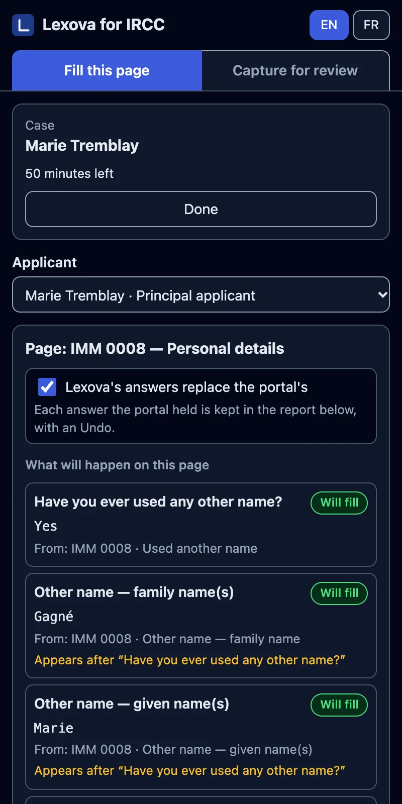 The Lexova for IRCC side panel previewing an IMM 0008 page: each answer from the case marked “Will fill”.