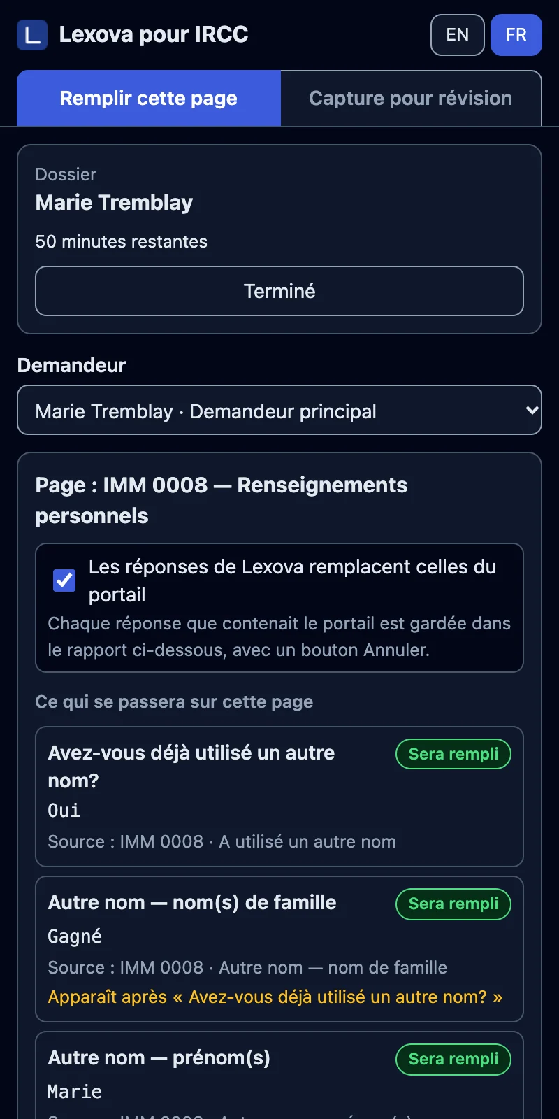 Le panneau latéral Lexova pour IRCC qui présente une page de l'IMM 0008 : chaque réponse du dossier marquée « Sera rempli ».