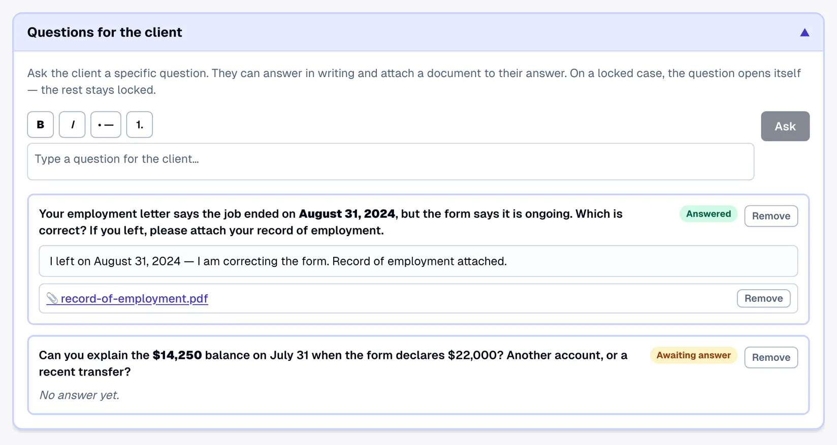 Lexova 'Questions for the client' panel: a formatting toolbar, an answered question with the client's written answer and an attached record-of-employment PDF, and a question still awaiting an answer about a $14,250 versus $22,000 balance.
