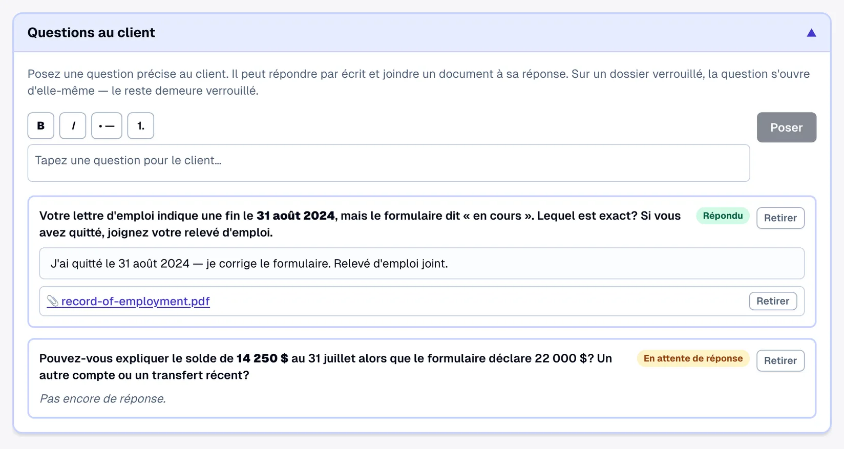 Panneau « Questions pour le client » de Lexova : une barre de mise en forme, une question répondue avec la réponse écrite du client et un relevé d'emploi PDF joint, et une question en attente au sujet d'un solde de 14 250 $ contre 22 000 $.