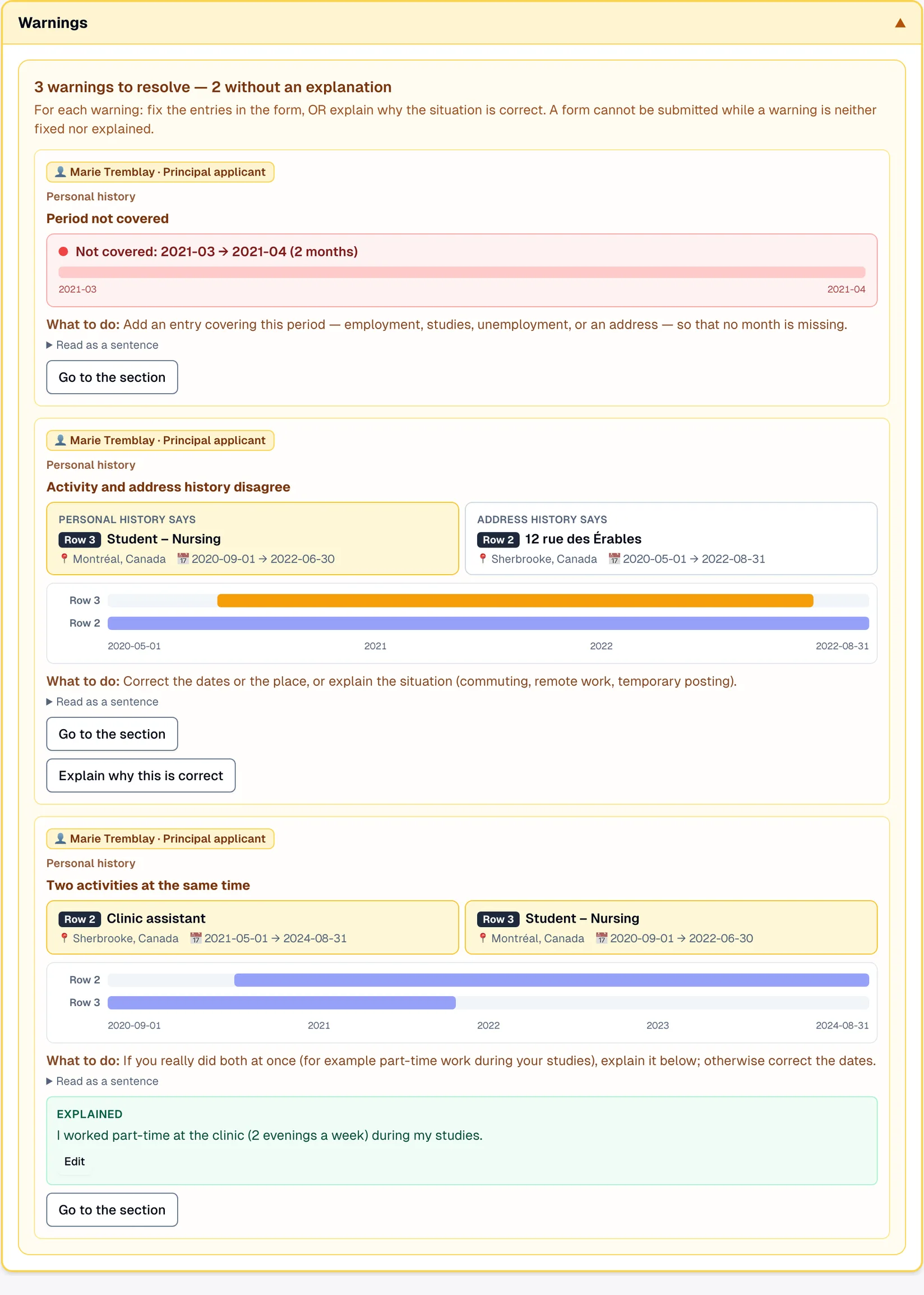 Lexova warnings panel: three warnings to resolve, two without an explanation — an uncovered-months gap, a Montréal studies versus Sherbrooke address conflict with an 'Explain why this is correct' button, and an already-explained concurrent-activities warning.